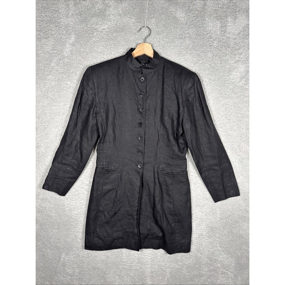 1990s Vintage Claude Montana Black Linen Long Blouse EU 44 Italian Shoulder Pads